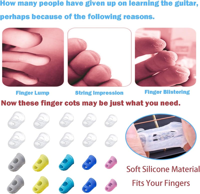 Junlego 20 Pcs Guitar Fingertip Protectors Guitar Finger Guards Protection Guitar Silicone Covers Caps for Guitar Bass Ukulele with 2 Pcs Guitar Fretboard Stickers and Guitar Chord Chart - Image 2